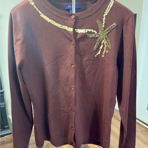 Bogari Chocolate Brown Silk Blend Cardigan with Gold‎ Embellishments